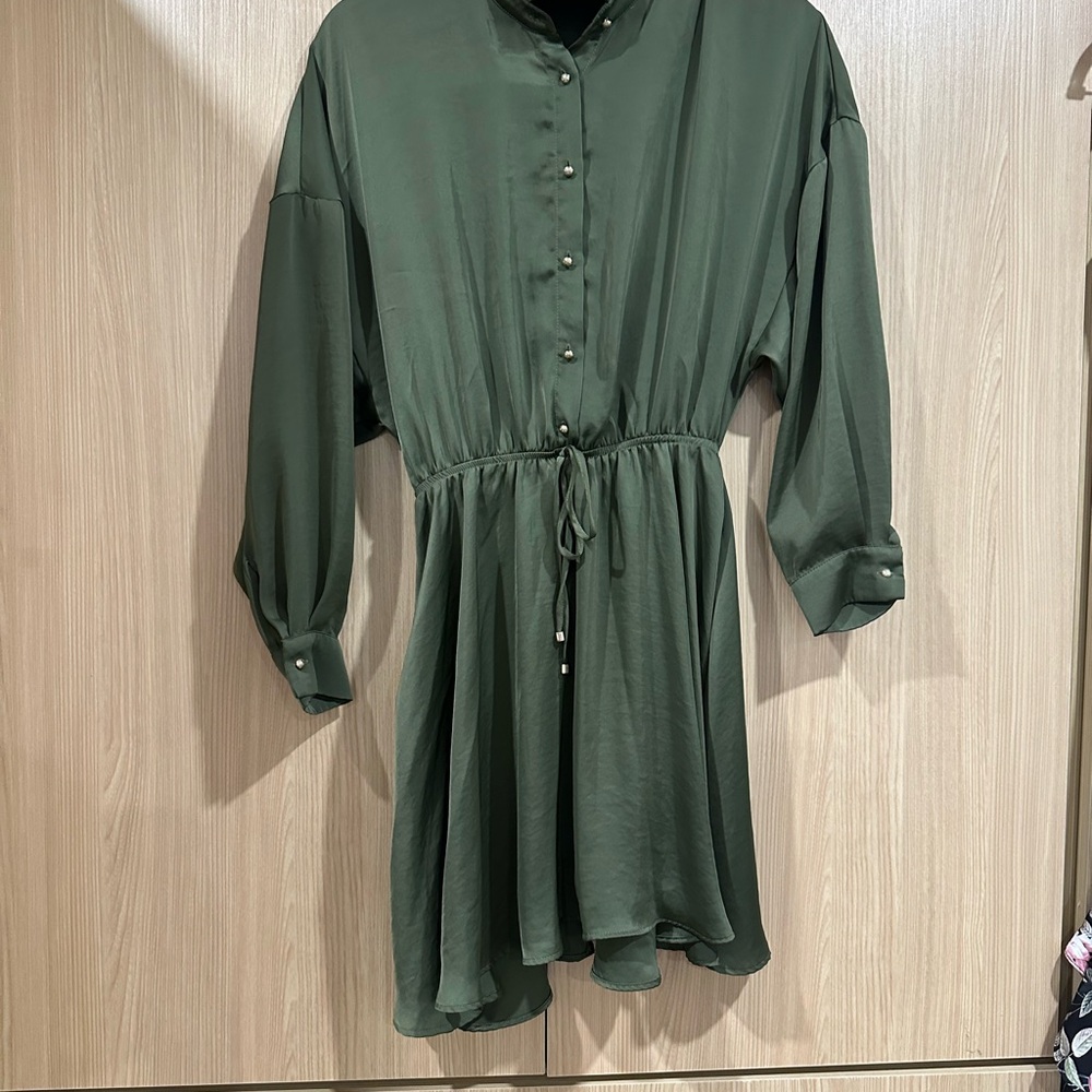 ZARA green satin midi dress